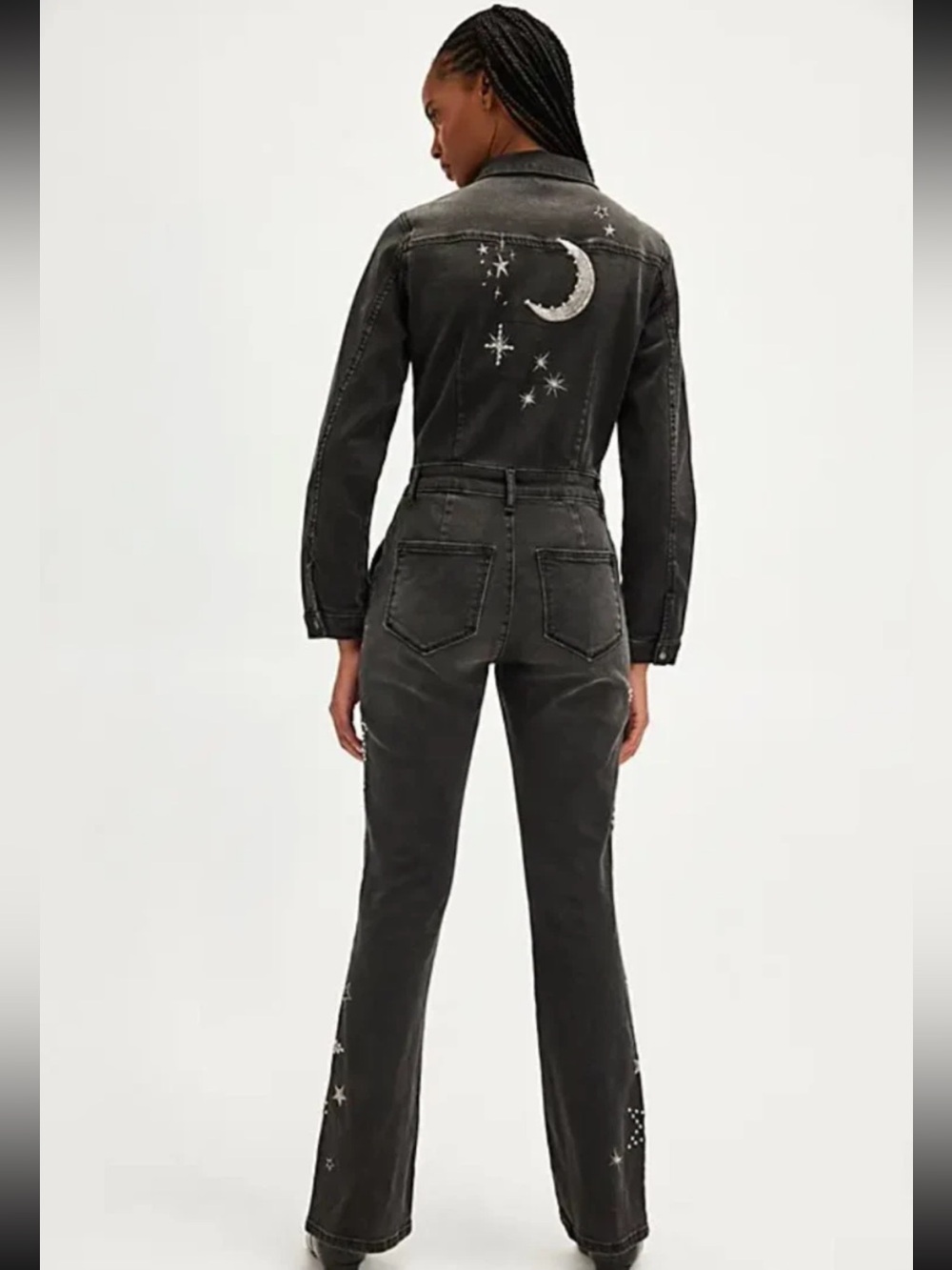 Drfitwood Celestial Jeweled Jumpsuit Womens Small Black Kick Flare Long Sleeve - Picture 1 of 16